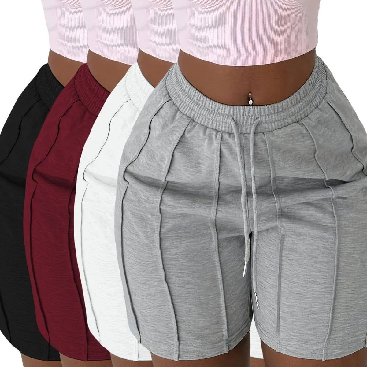 Women's High Waisted Athletic Shorts Vertically Paneled Biker Shorts with Adjustable Drawstring Waistband thumbnail 1