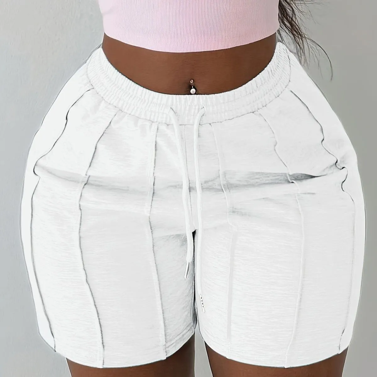 Women's High Waisted Athletic Shorts Vertically Paneled Biker Shorts with Adjustable Drawstring Waistband thumbnail 7