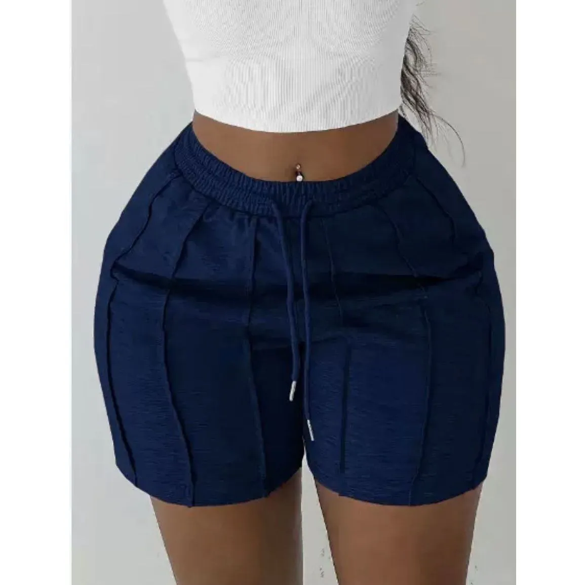 Women's High Waisted Athletic Shorts Vertically Paneled Biker Shorts with Adjustable Drawstring Waistband thumbnail 3