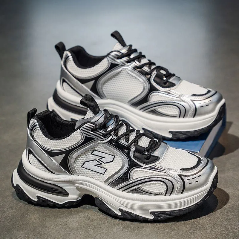 Men's Metallic Silver Chunky Platform Sneakers Breathable Mesh Urban Streetwear Dad Shoes with Anti Slip Sole showcase 4