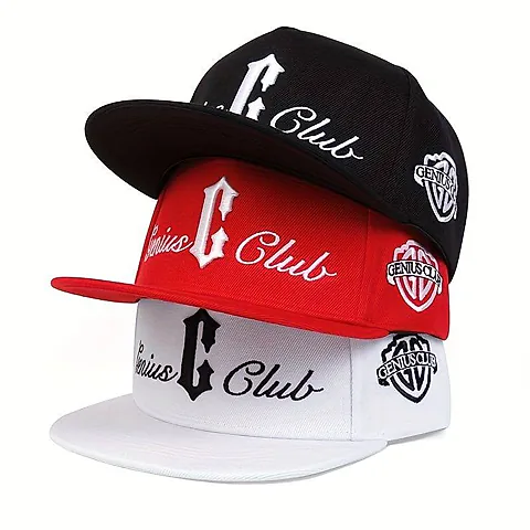 Unisex Genius Club Flat Brim Snapback Cap Gothic G Embroidery Streetwear Hat Black Red and White