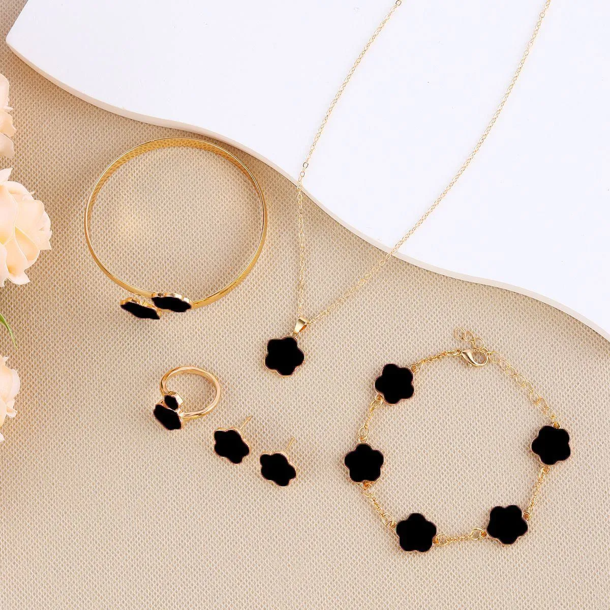 Women's 5-Piece Gold Tone Floral Jewelry SetEnamel Flower Necklace Bracelet Bangle Ring and Earrings thumbnail 4