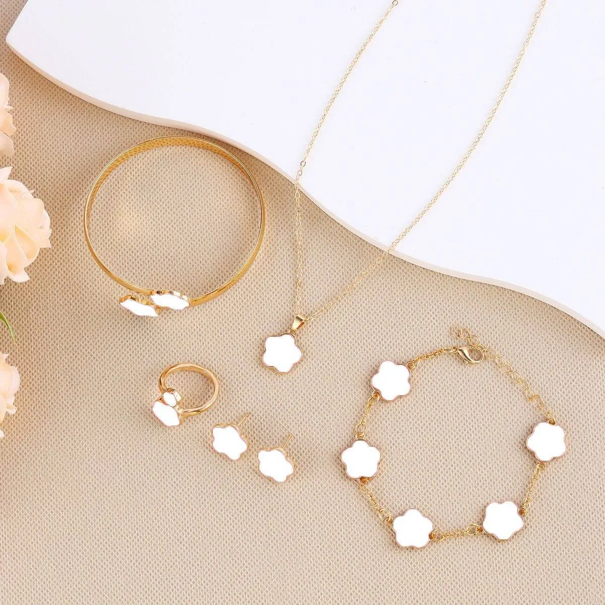 Women's 5-Piece Gold Tone Floral Jewelry SetEnamel Flower Necklace Bracelet Bangle Ring and Earrings thumbnail 3