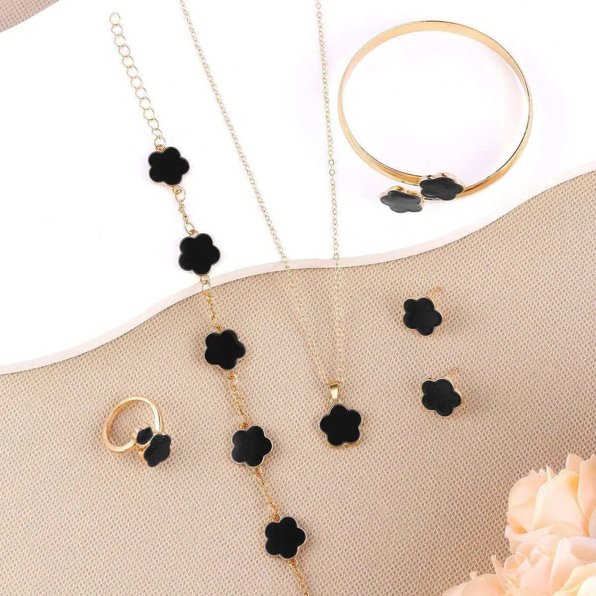 Women's 5-Piece Gold Tone Floral Jewelry SetEnamel Flower Necklace Bracelet Bangle Ring and Earrings thumbnail 5