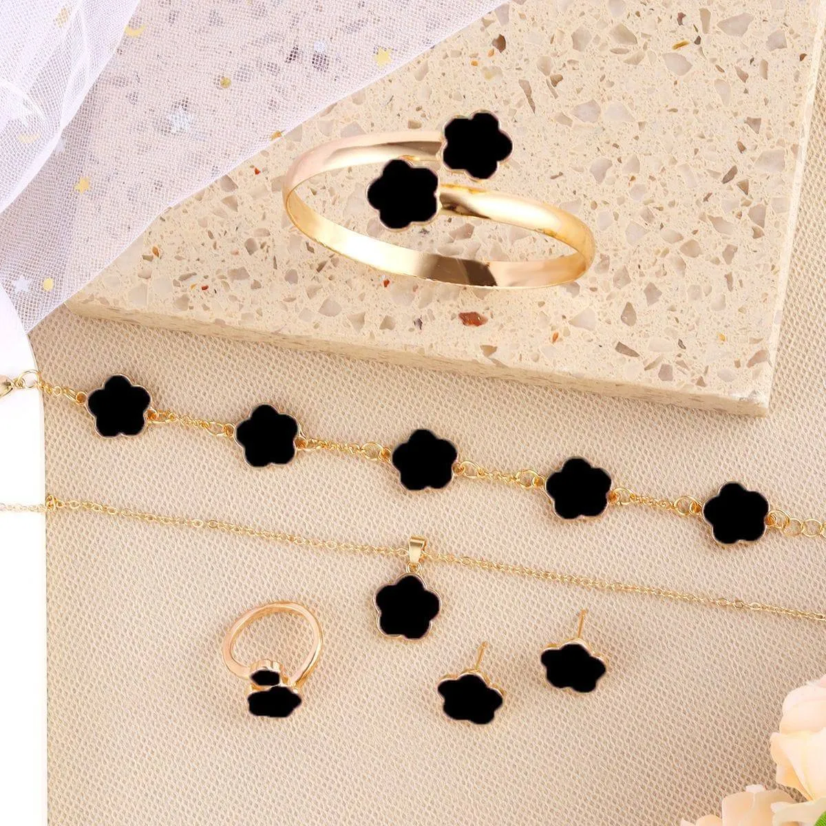 Women's 5-Piece Gold Tone Floral Jewelry SetEnamel Flower Necklace Bracelet Bangle Ring and Earrings thumbnail 1