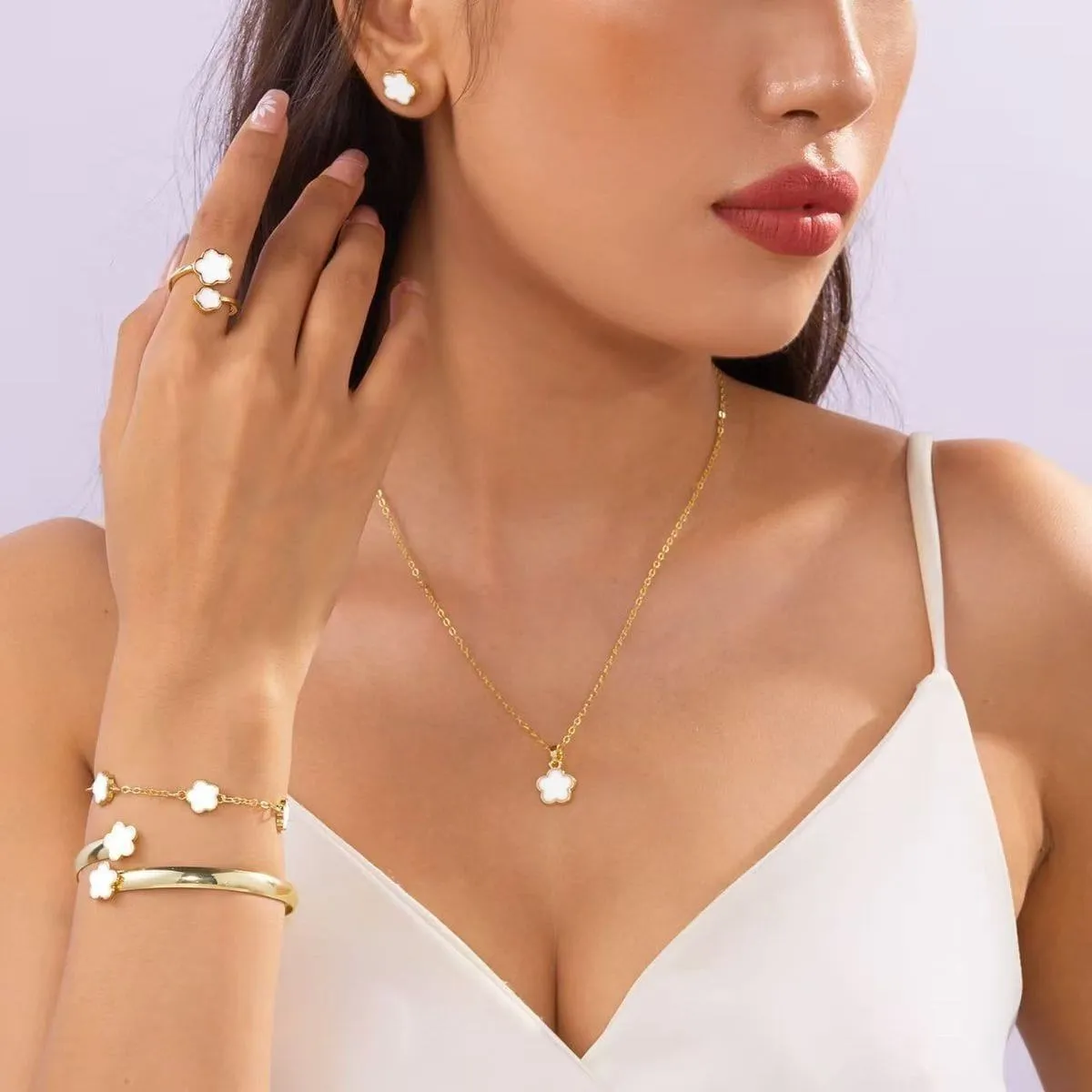 Women's 5-Piece Gold Tone Floral Jewelry SetEnamel Flower Necklace Bracelet Bangle Ring and Earrings showcase 5