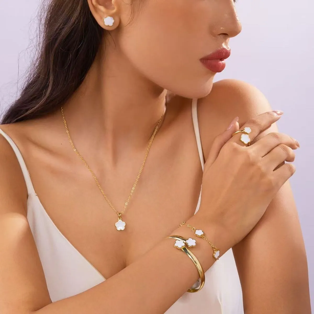 Women's 5-Piece Gold Tone Floral Jewelry SetEnamel Flower Necklace Bracelet Bangle Ring and Earrings showcase 4