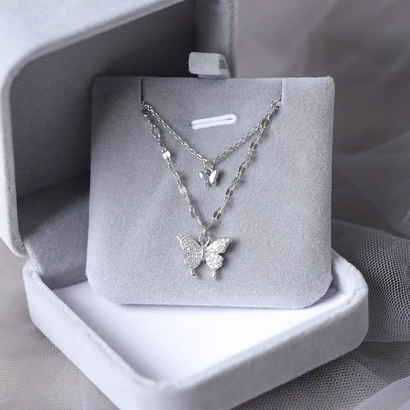 Women's Silver Tone Double Layer Butterfly Pendant Necklace with Sparkling Crystal Accents and Grey Velvet Box thumbnail 4