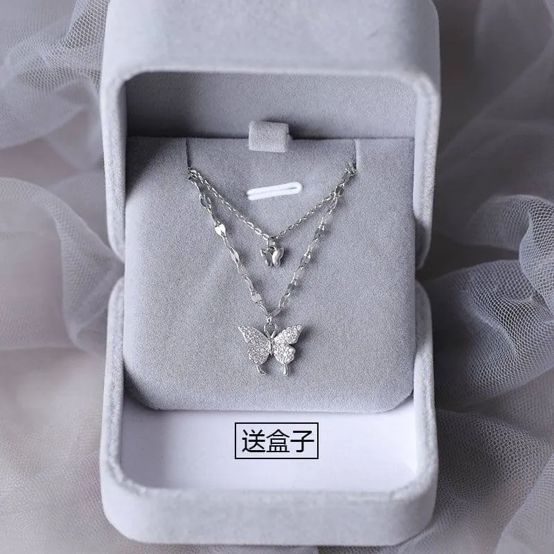 Women's Silver Tone Double Layer Butterfly Pendant Necklace with Sparkling Crystal Accents and Grey Velvet Box thumbnail 6