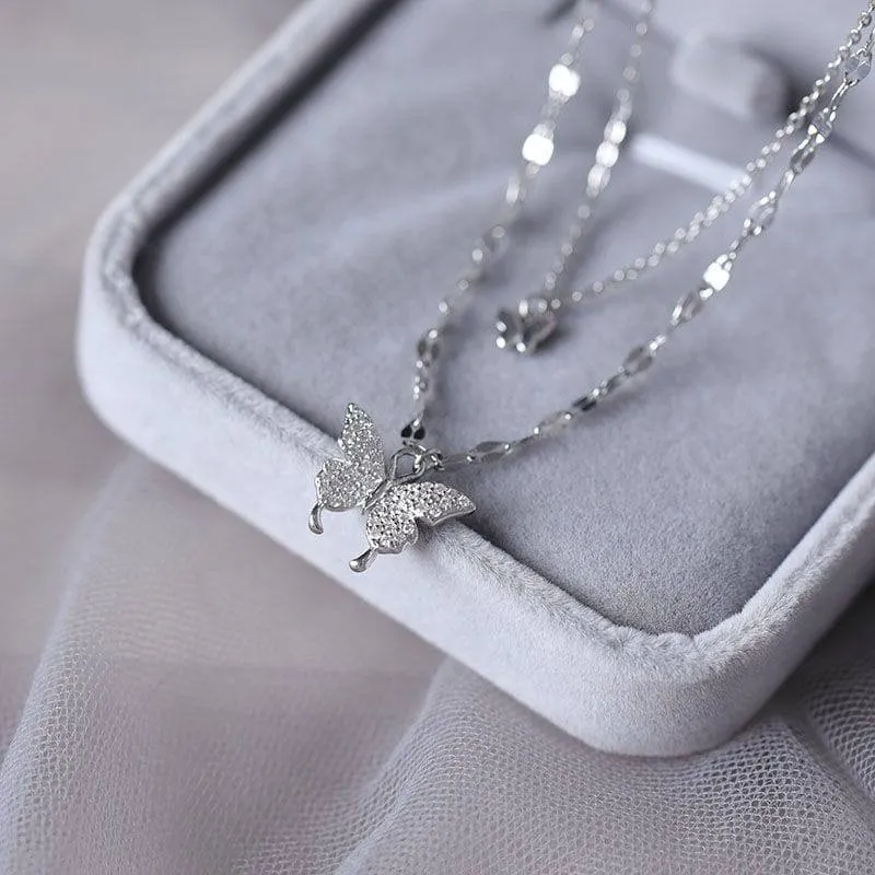 Women's Silver Tone Double Layer Butterfly Pendant Necklace with Sparkling Crystal Accents and Grey Velvet Box thumbnail 2