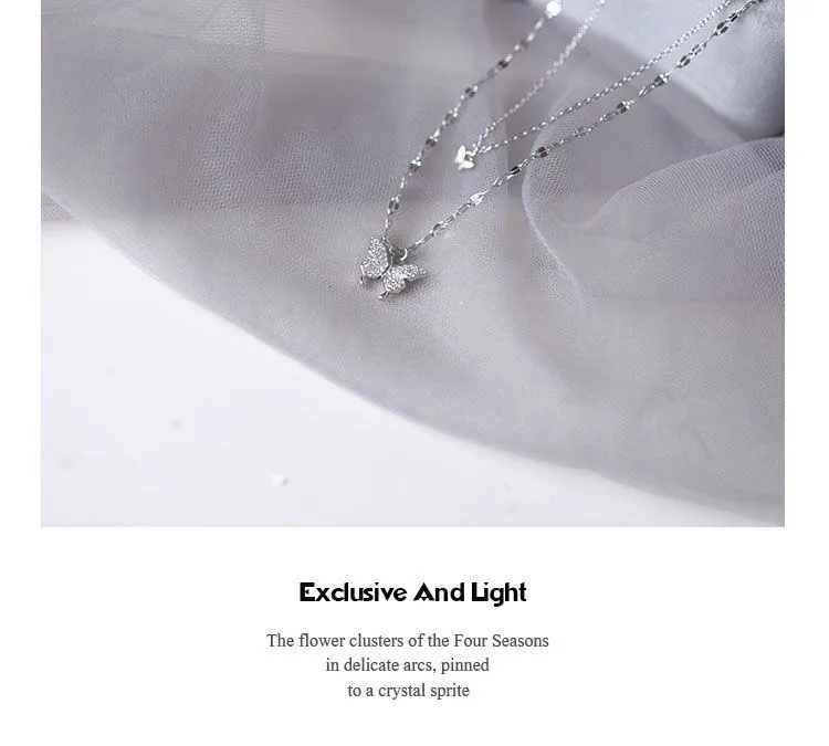 Women's Silver Tone Double Layer Butterfly Pendant Necklace with Sparkling Crystal Accents and Grey Velvet Box showcase 6