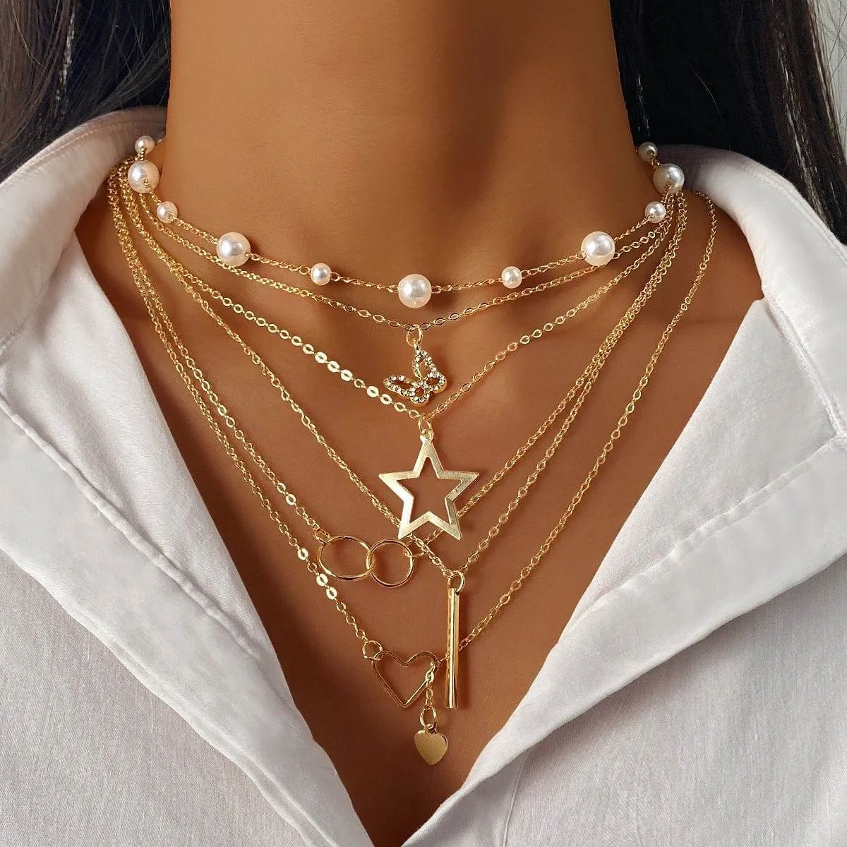 Women's Gold Tone 5-Layered Necklace Set with Pearls Butterfly Star Heart and Infinity Circle Pendants thumbnail 5