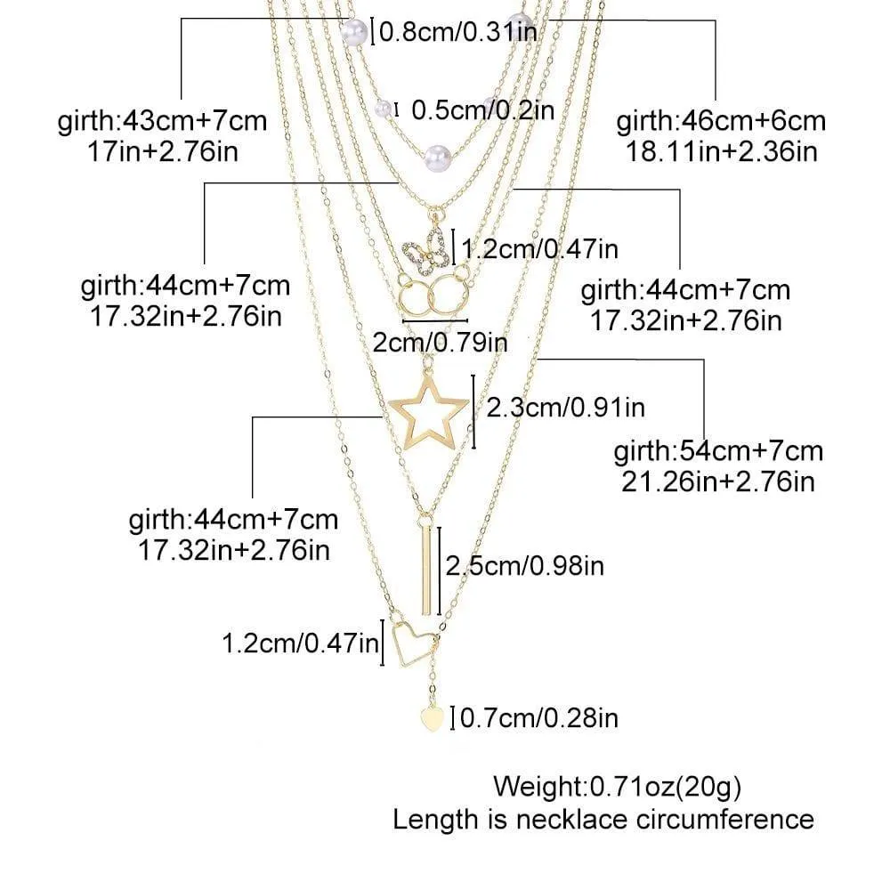 Women's Gold Tone 5-Layered Necklace Set with Pearls Butterfly Star Heart and Infinity Circle Pendants showcase 4
