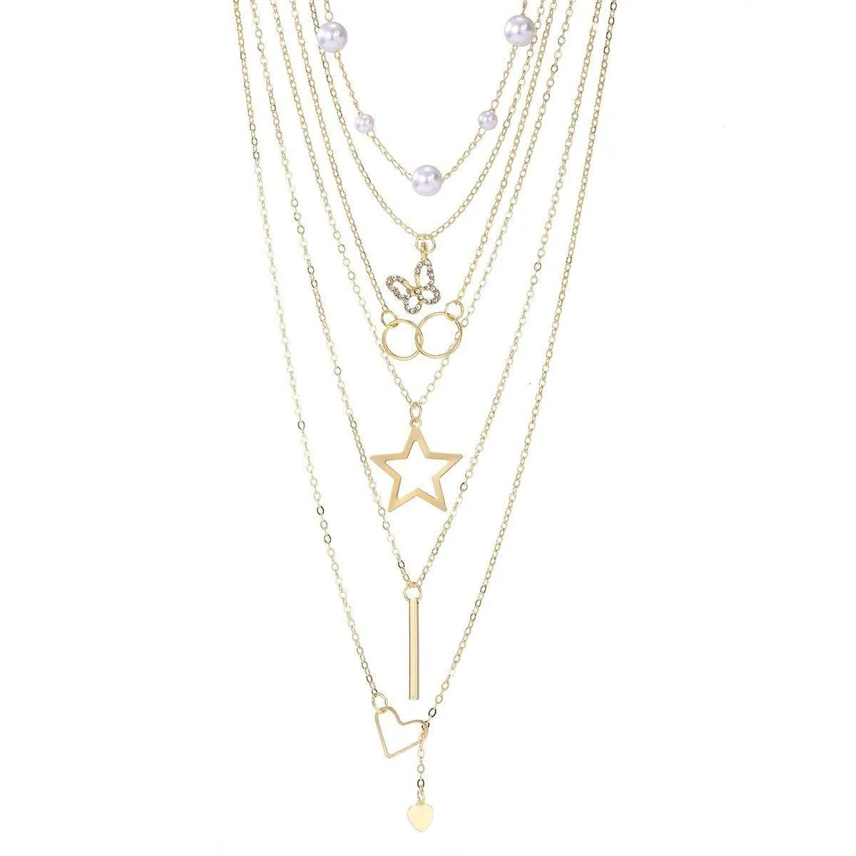 Women's Gold Tone 5-Layered Necklace Set with Pearls Butterfly Star Heart and Infinity Circle Pendants thumbnail 1