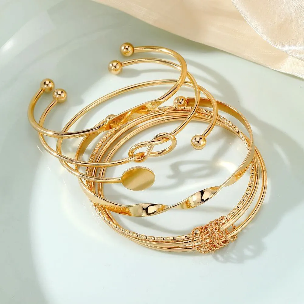Women's 6-Piece Gold Tone Bangle Bracelet Set Stackable Cuff Set with Knot and Geometric Disc Details thumbnail 6