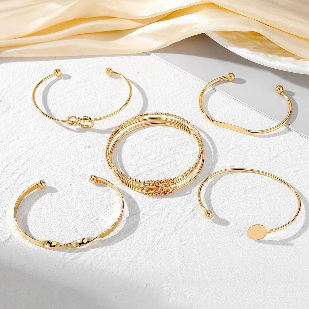 Women's 6-Piece Gold Tone Bangle Bracelet Set Stackable Cuff Set with Knot and Geometric Disc Details thumbnail 5