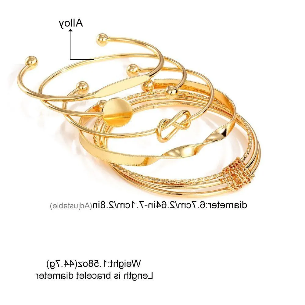 Women's 6-Piece Gold Tone Bangle Bracelet Set Stackable Cuff Set with Knot and Geometric Disc Details showcase 8