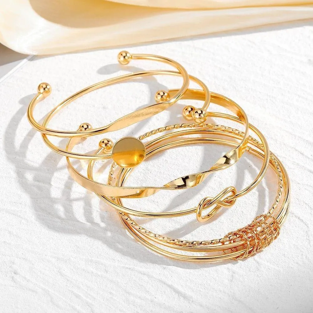 Women's 6-Piece Gold Tone Bangle Bracelet Set Stackable Cuff Set with Knot and Geometric Disc Details showcase 6