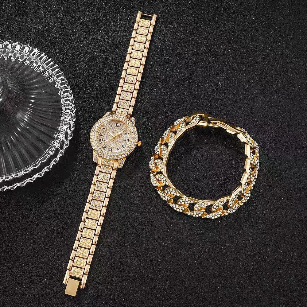Women's Gold Tone Iced Out Watch and Matching Crystal Cuban Link Bracelet Set Roman Numeral Dial Luxury Hiphop Jewelry thumbnail 5