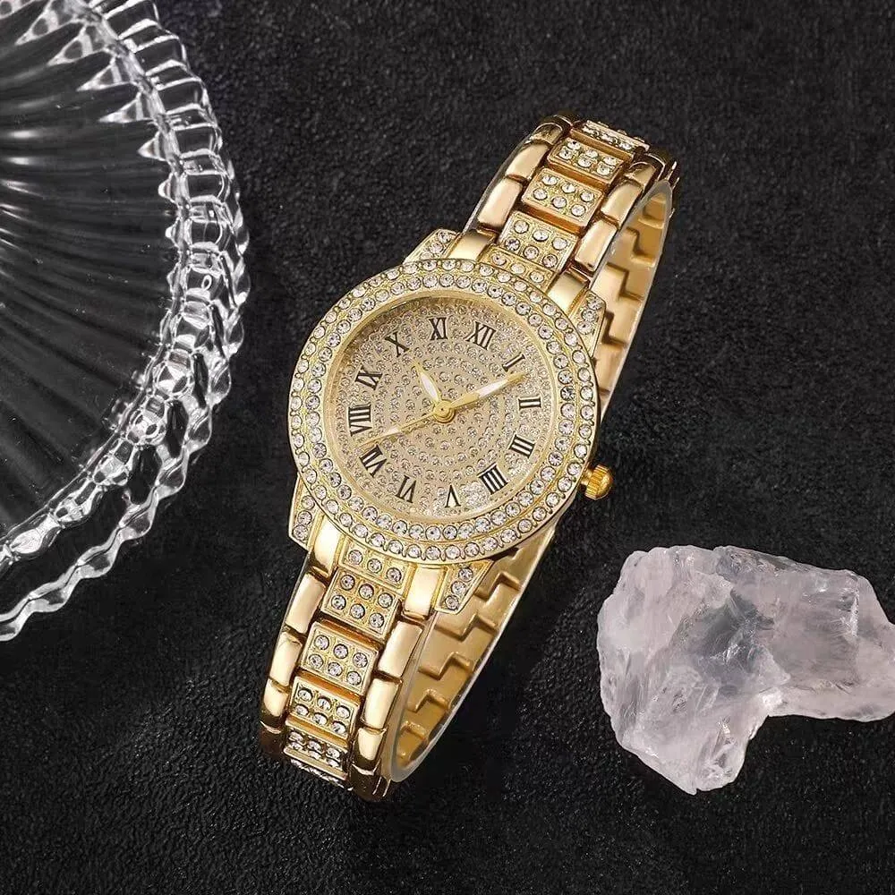Women's Gold Tone Iced Out Watch and Matching Crystal Cuban Link Bracelet Set Roman Numeral Dial Luxury Hiphop Jewelry thumbnail 4