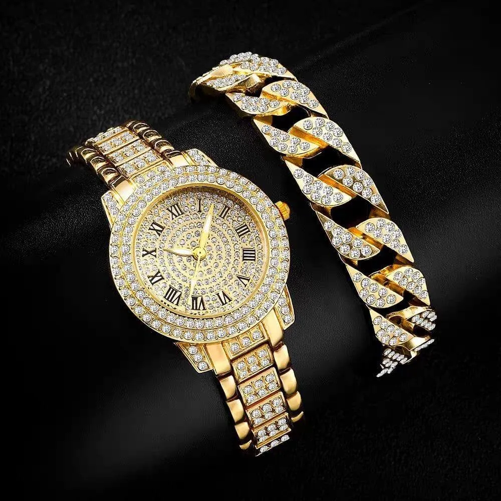 Women's Gold Tone Iced Out Watch and Matching Crystal Cuban Link Bracelet Set Roman Numeral Dial Luxury Hiphop Jewelry thumbnail 6