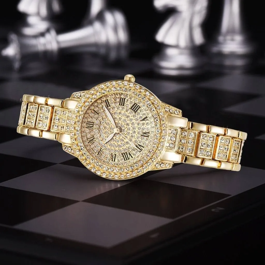 Women's Gold Tone Iced Out Watch and Matching Crystal Cuban Link Bracelet Set Roman Numeral Dial Luxury Hiphop Jewelry thumbnail 2