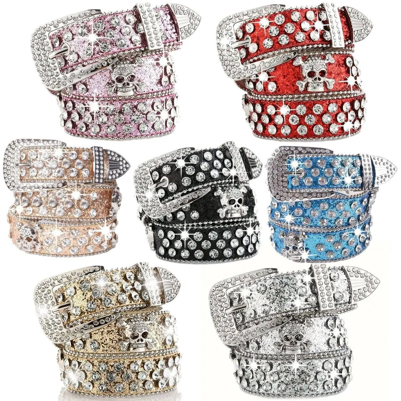 Unisex Red Glitter Iced Out Rhinestone Western Belt with Crystal Skull Crossbones Buckle and Silver Studs thumbnail 1