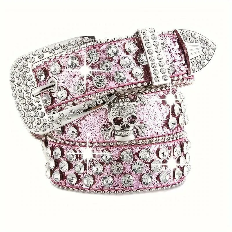 Unisex Red Glitter Iced Out Rhinestone Western Belt with Crystal Skull Crossbones Buckle and Silver Studs thumbnail 9