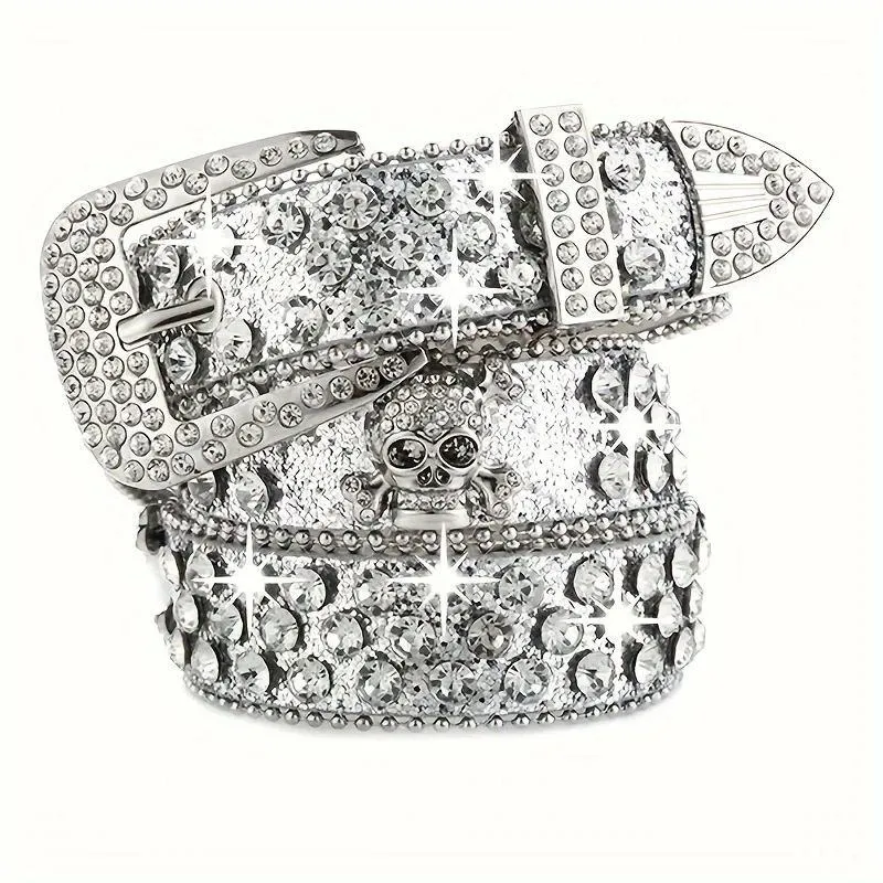 Unisex Red Glitter Iced Out Rhinestone Western Belt with Crystal Skull Crossbones Buckle and Silver Studs showcase 5