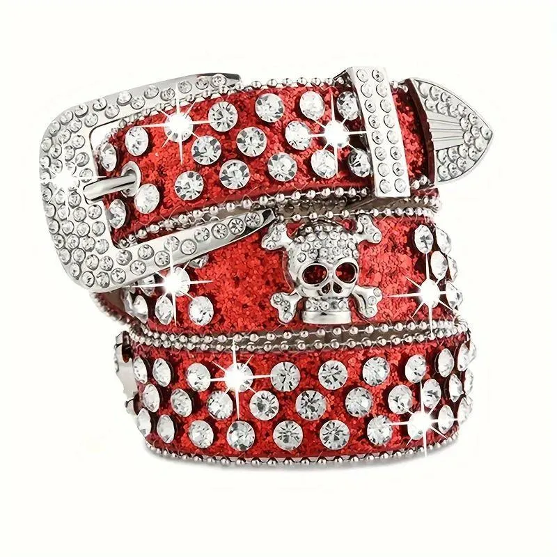 Unisex Red Glitter Iced Out Rhinestone Western Belt with Crystal Skull Crossbones Buckle and Silver Studs thumbnail 6