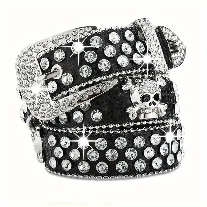 Unisex Red Glitter Iced Out Rhinestone Western Belt with Crystal Skull Crossbones Buckle and Silver Studs thumbnail 10