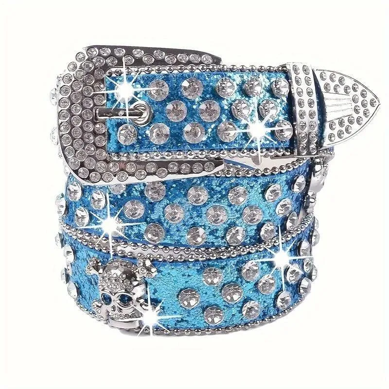 Unisex Red Glitter Iced Out Rhinestone Western Belt with Crystal Skull Crossbones Buckle and Silver Studs showcase 2