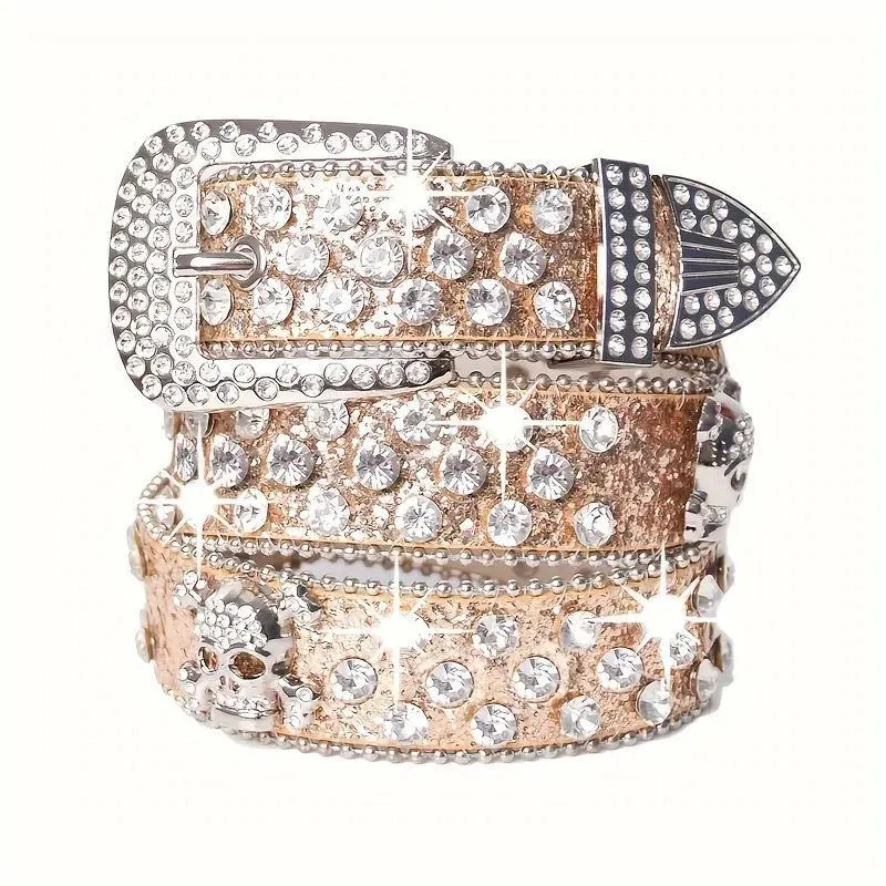 Unisex Red Glitter Iced Out Rhinestone Western Belt with Crystal Skull Crossbones Buckle and Silver Studs thumbnail 2