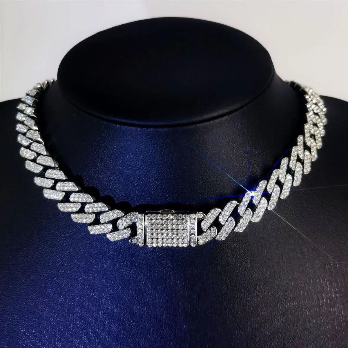 Unisex Silver Tone Iced Out Cuban Link Chain Heavily Encrusted Crystal Hip Hop Choker Statement Necklace thumbnail 3