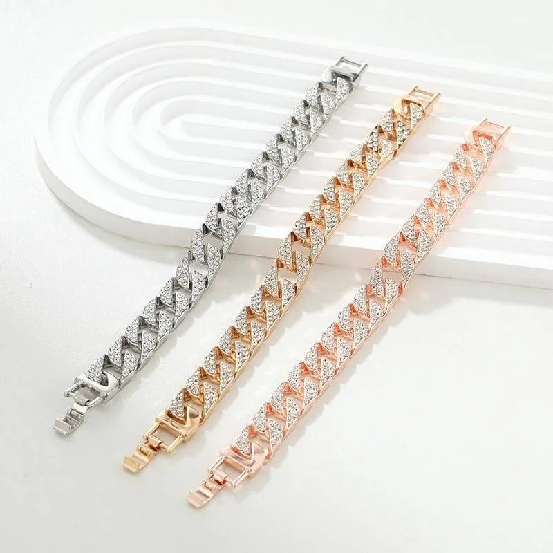 Unisex Iced Out Cuban Link Bracelet with Shimmering Crystal Accents Silver Gold and Rose Gold Finishes thumbnail 1