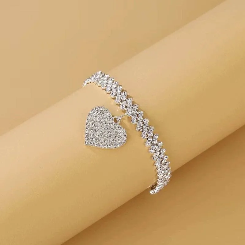 Women's Silver Tone Iced Out Heart Pendant Anklet Shimmering Rhinestone Crystal Tennis Chain Foot Jewelry Accessory showcase 3