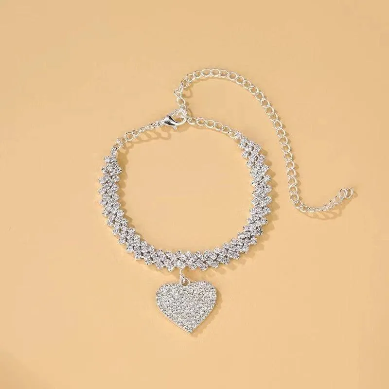 Women's Silver Tone Iced Out Heart Pendant Anklet Shimmering Rhinestone Crystal Tennis Chain Foot Jewelry Accessory showcase 5