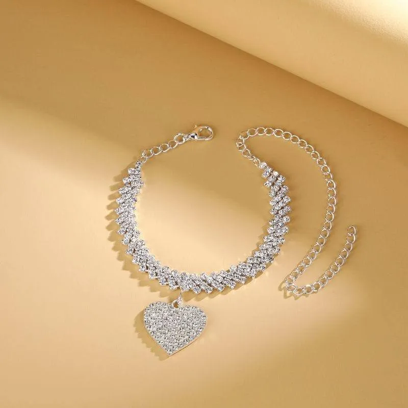 Women's Silver Tone Iced Out Heart Pendant Anklet Shimmering Rhinestone Crystal Tennis Chain Foot Jewelry Accessory thumbnail 3