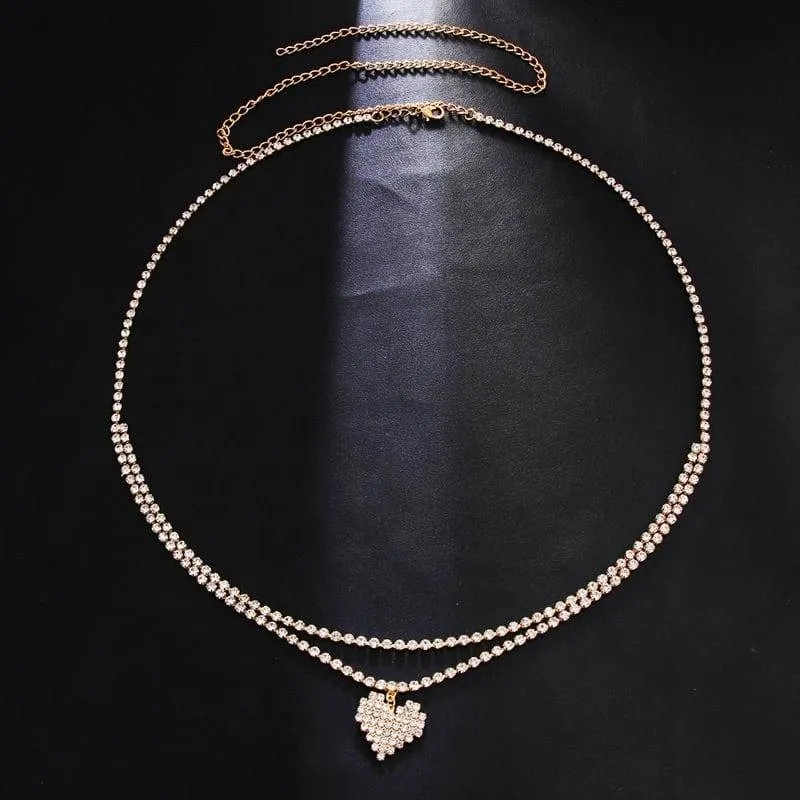 Women's Silver Tone Double Layer Heart Waist Chain Shimmering Rhinestone Belly Chain Body Jewelry Summer Accessory thumbnail 2