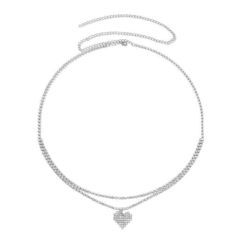 Women's Silver Tone Double Layer Heart Waist Chain Shimmering Rhinestone Belly Chain Body Jewelry Summer Accessory showcase 1