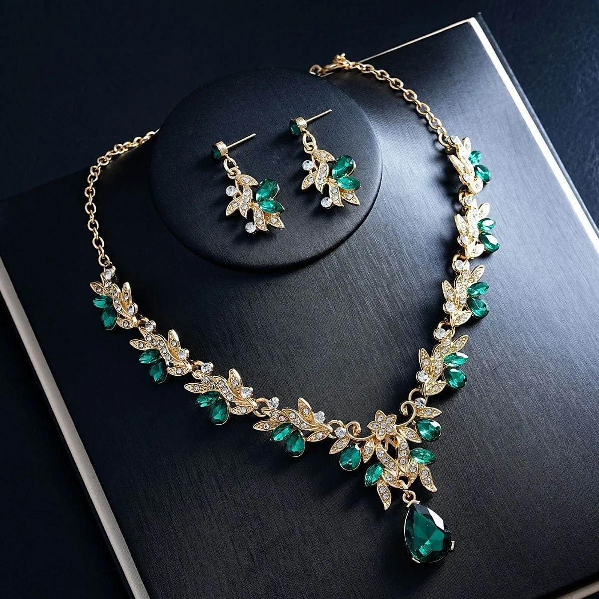 Women's Crystal Leaf Statement Necklace and Earring Set Gold Tone Floral Teardrop Gemstone Jewelry thumbnail 2