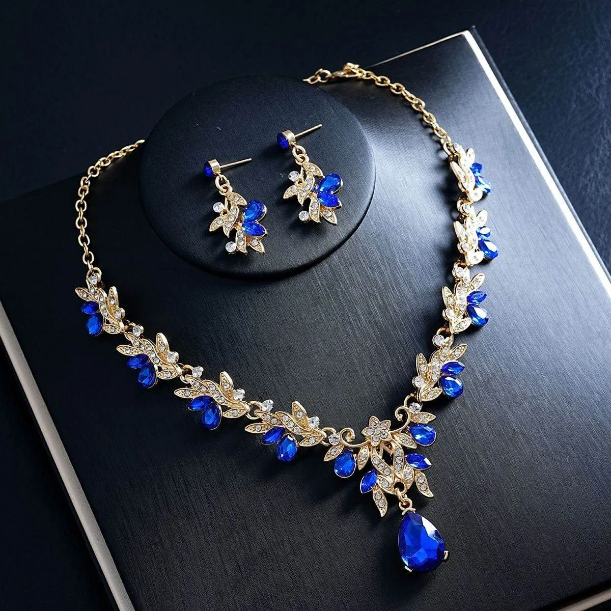 Women's Crystal Leaf Statement Necklace and Earring Set Gold Tone Floral Teardrop Gemstone Jewelry thumbnail 3