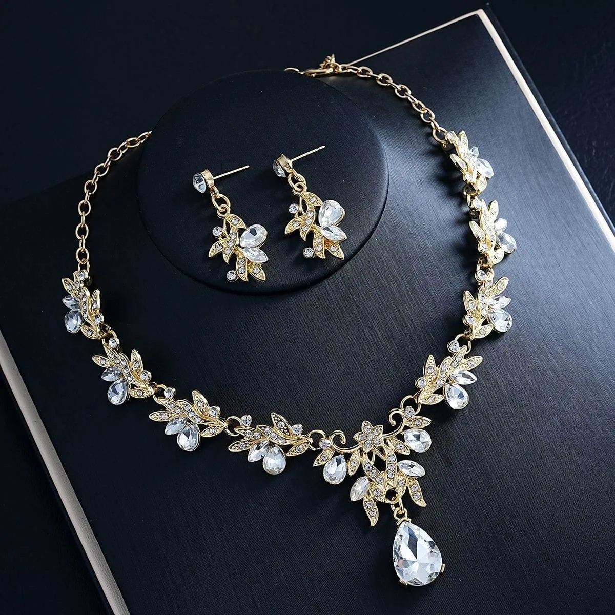 Women's Crystal Leaf Statement Necklace and Earring Set Gold Tone Floral Teardrop Gemstone Jewelry thumbnail 6