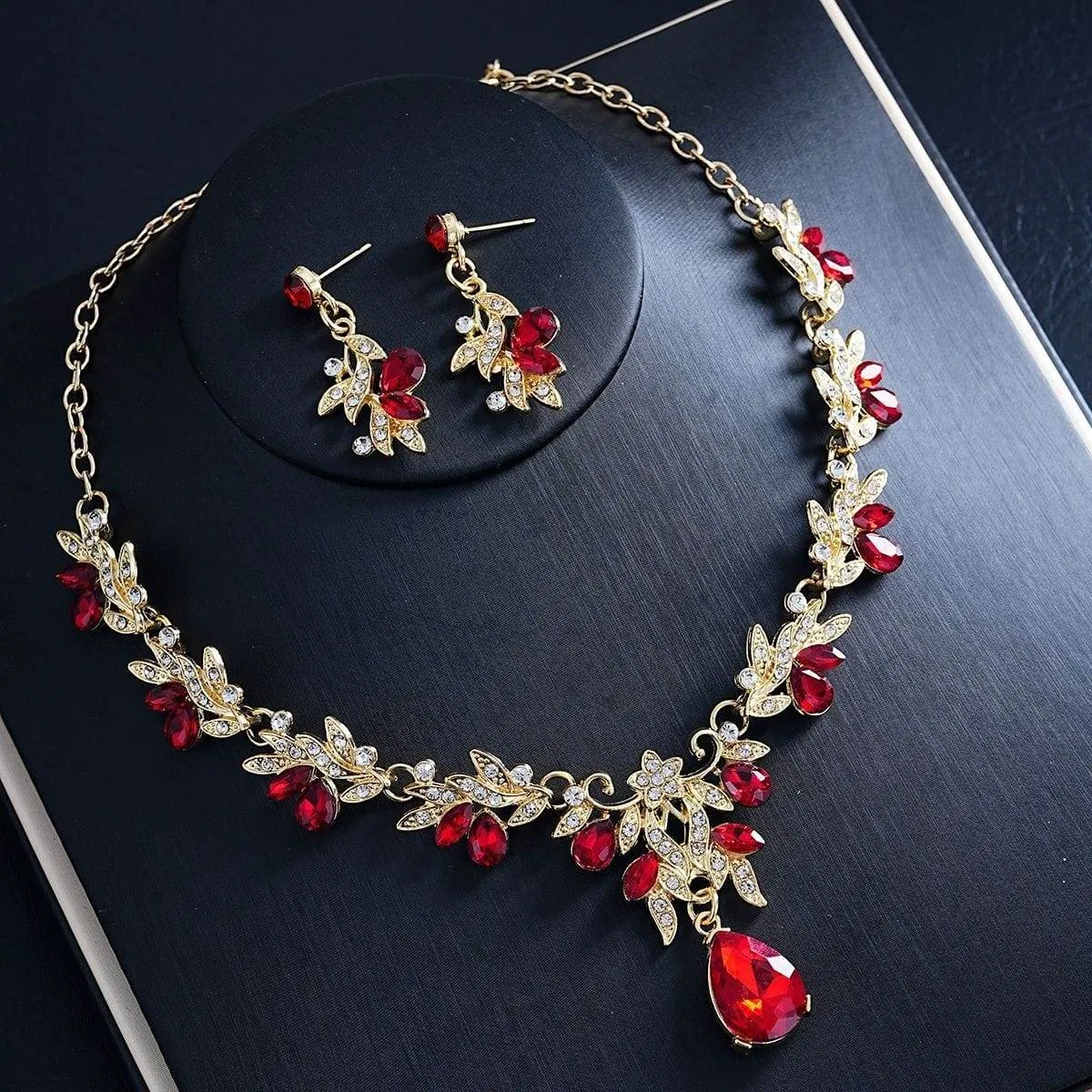 Women's Crystal Leaf Statement Necklace and Earring Set Gold Tone Floral Teardrop Gemstone Jewelry thumbnail 1