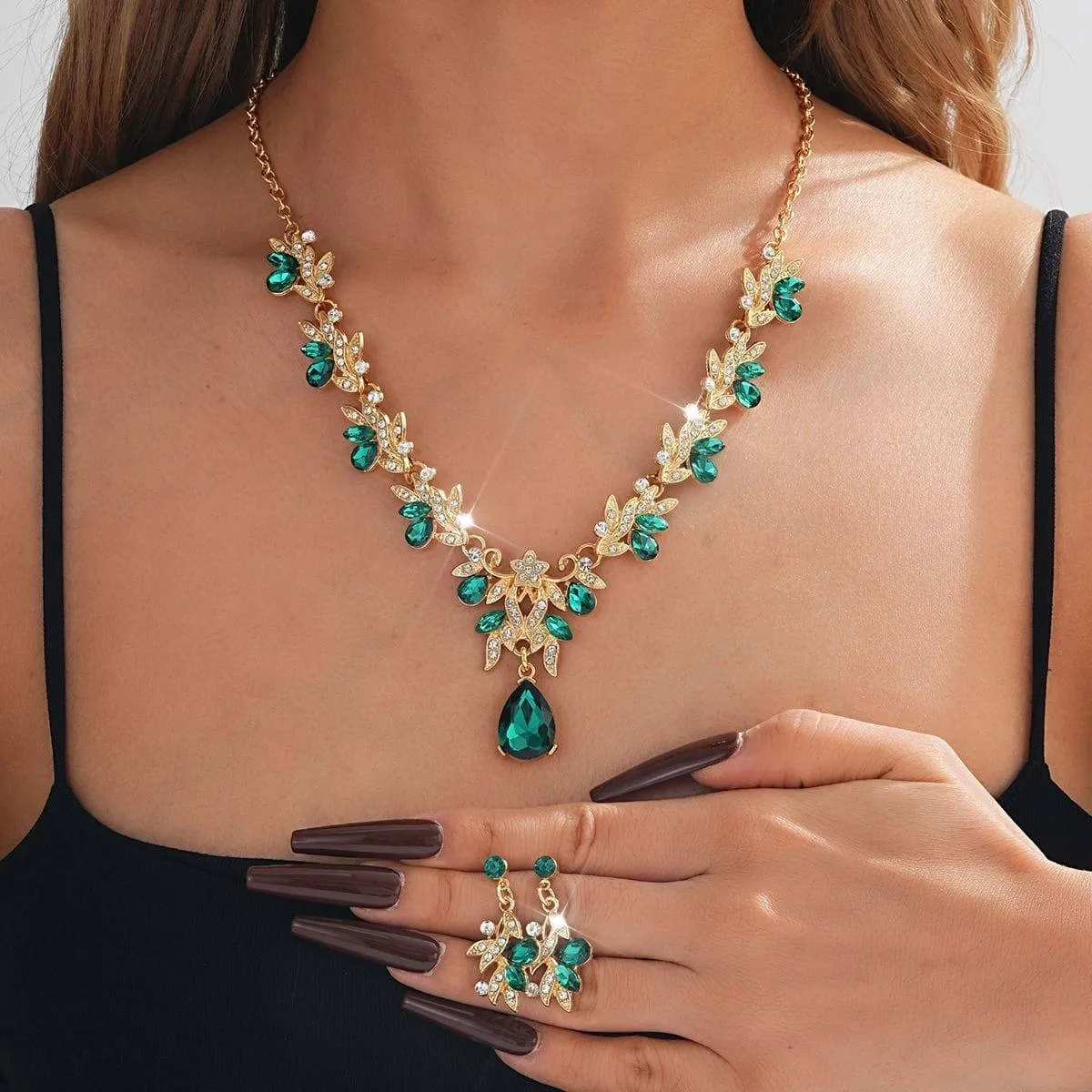 Women's Crystal Leaf Statement Necklace and Earring Set Gold Tone Floral Teardrop Gemstone Jewelry showcase 2