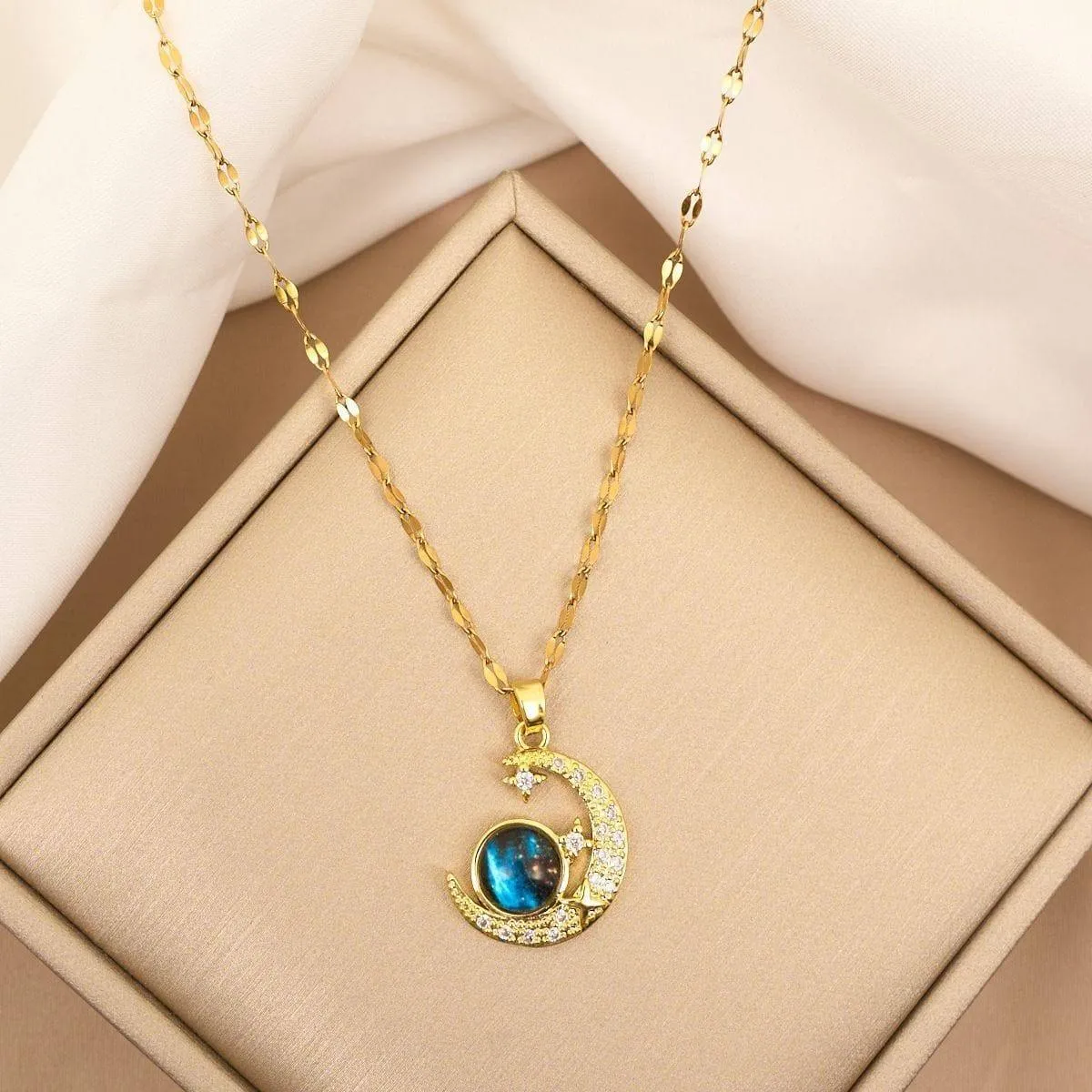 Women's Gold Tone Crescent Moon Galaxy Pendant Necklace Celestial Crystal Star Nebula Print Jewelry with Gift Box thumbnail 4
