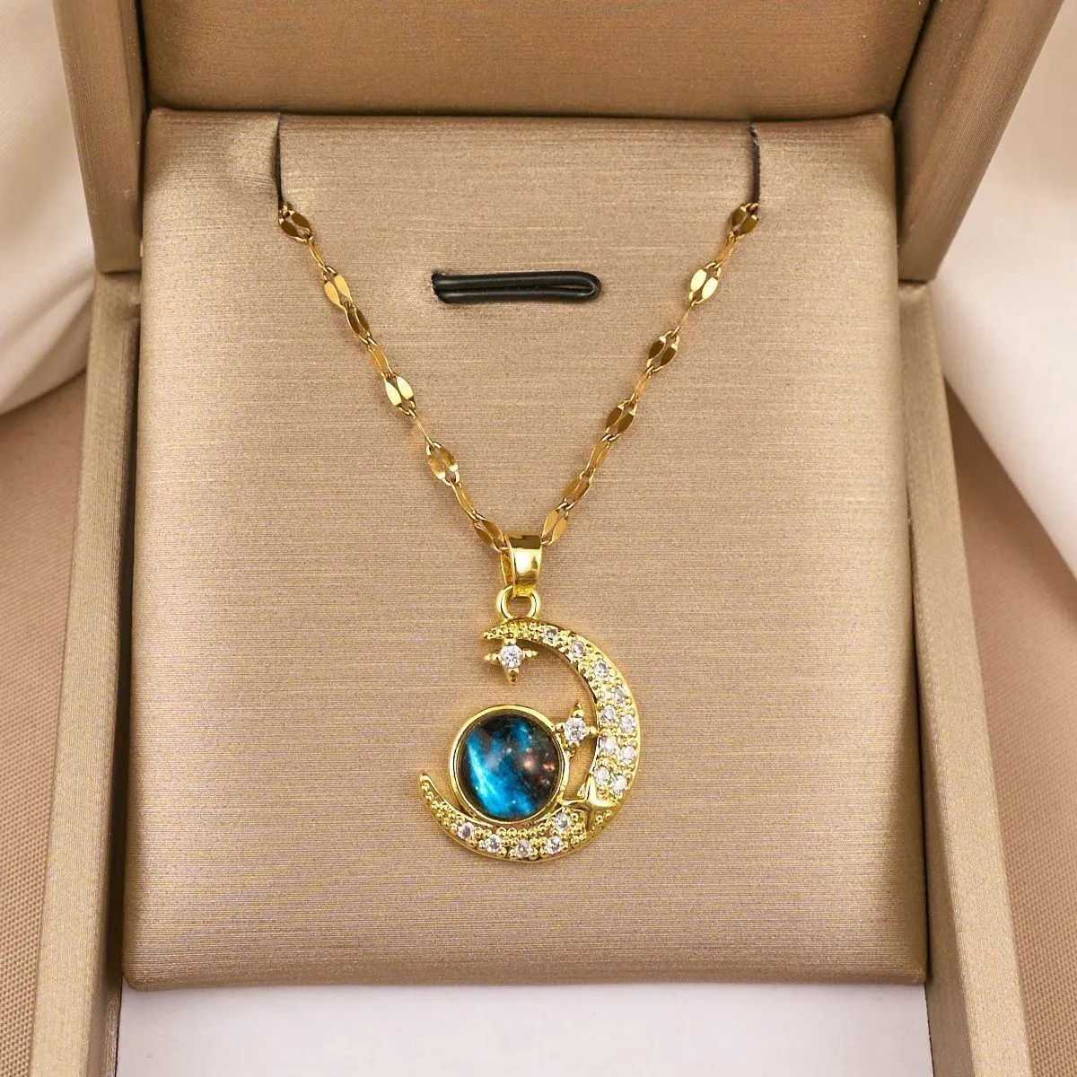 Women's Gold Tone Crescent Moon Galaxy Pendant Necklace Celestial Crystal Star Nebula Print Jewelry with Gift Box thumbnail 5