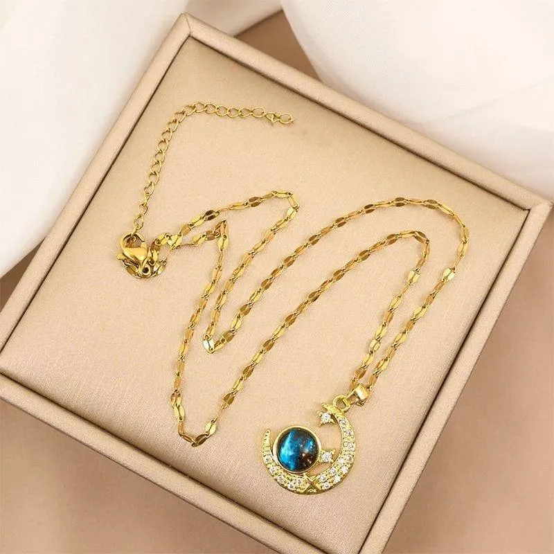 Women's Gold Tone Crescent Moon Galaxy Pendant Necklace Celestial Crystal Star Nebula Print Jewelry with Gift Box thumbnail 3