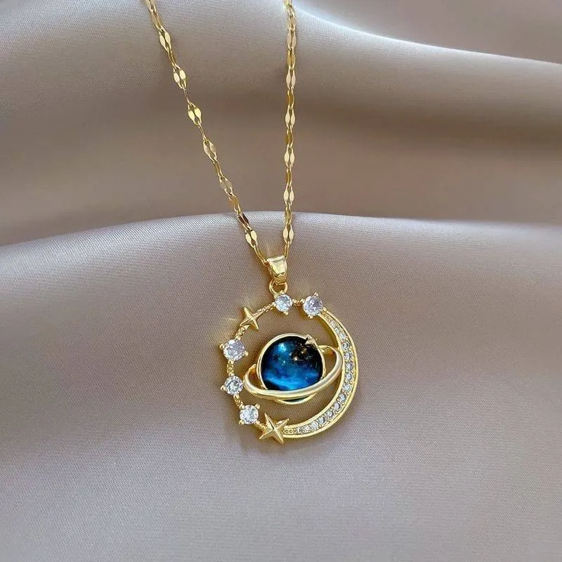 Women's Gold Tone Crescent Moon Galaxy Pendant Necklace Celestial Crystal Star Nebula Print Jewelry with Gift Box showcase 5