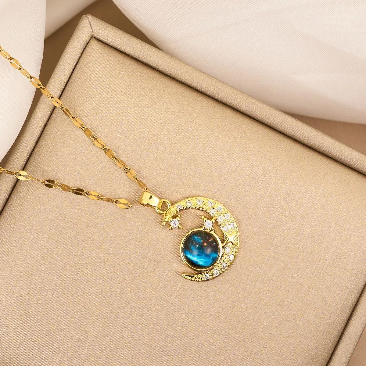 Women's Gold Tone Crescent Moon Galaxy Pendant Necklace Celestial Crystal Star Nebula Print Jewelry with Gift Box showcase 6